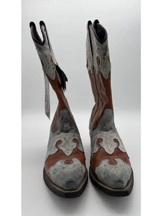 Rockin Country Cowboy Boots Cowgirl Brown Blue Leather Embroidered Women's 6.5 W - Picture 3 of 8